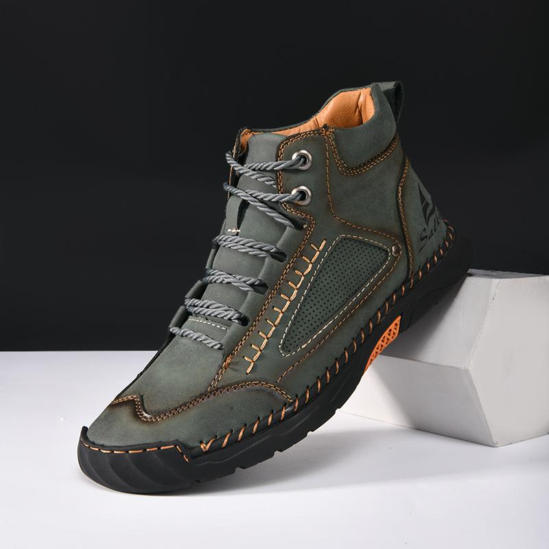 Handmade Leather Mens Ankle Boots Booties Casual Leather High Top Shoes Outdoor Man Motorcycle Boots Sneakers Comfy Hiking Boats
