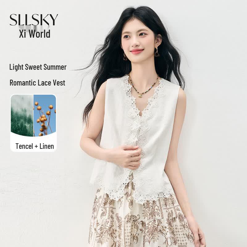 SLLSKY Women s Tencel Linen Lace Trim Vest Top 2XL