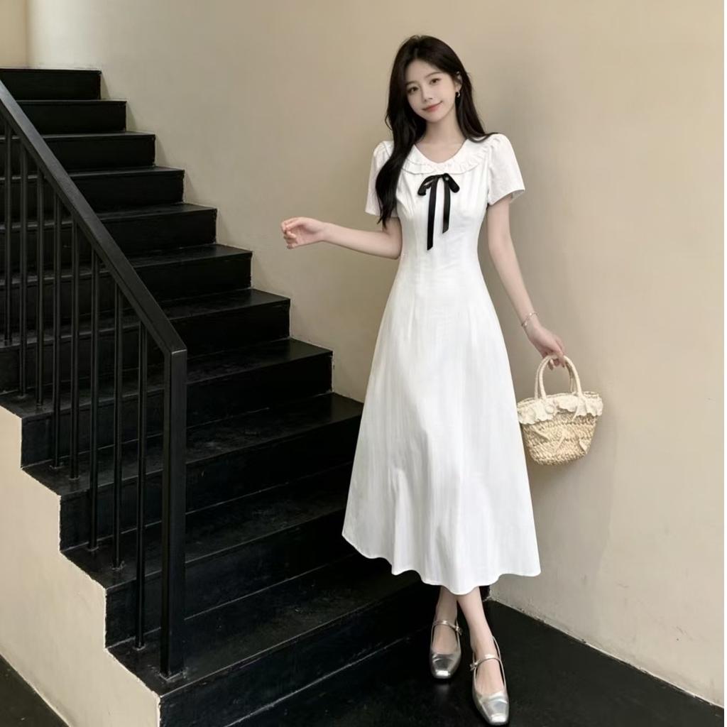 French First Love Doll Collar Huge Good-looking Dress Women's Summer College Style Gentle White Short-sleeved Temperament Long Skirt