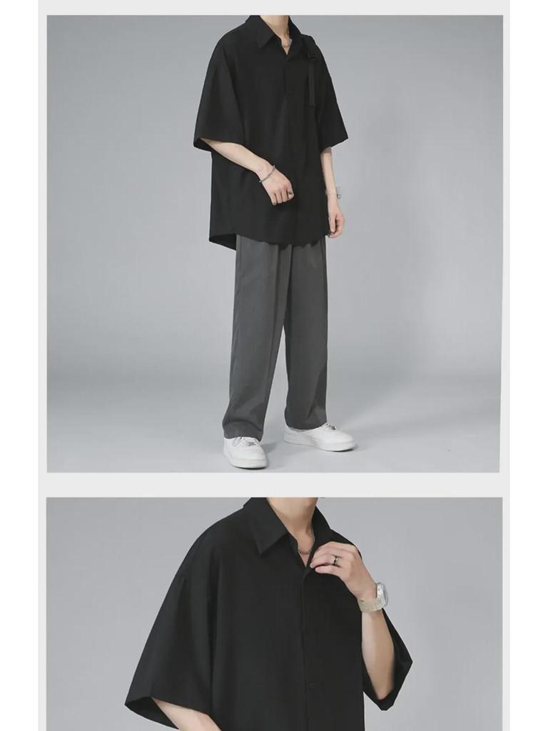 Men's Black Ice Silk Loose-Fit Short-Sleeve Shirt, Korean Style, Casual Summer Wear