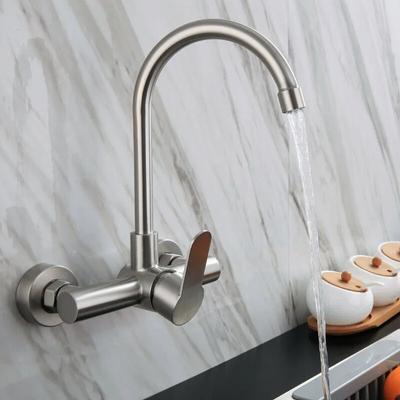 304 Stainless Steel Double Hole Wall Entry Type Kitchen Faucet Cold and Hot Faucet Rotating Hot and Cold Gourmet Faucet Kitchen