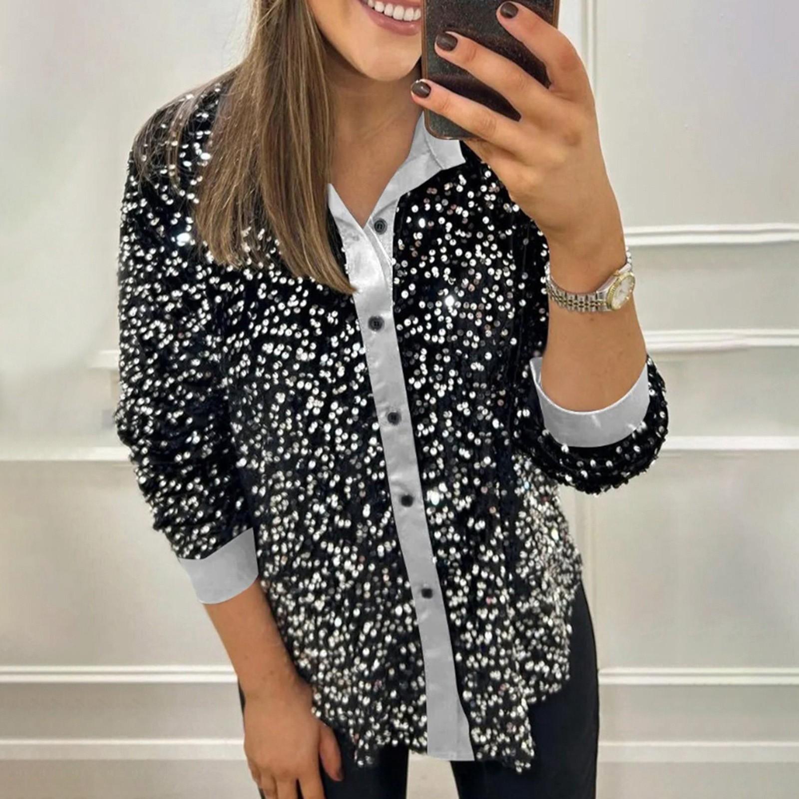 

Женская модная однотонная рубашка с длинным рукавом и воротником на пуговицах с блестками XL серебряный