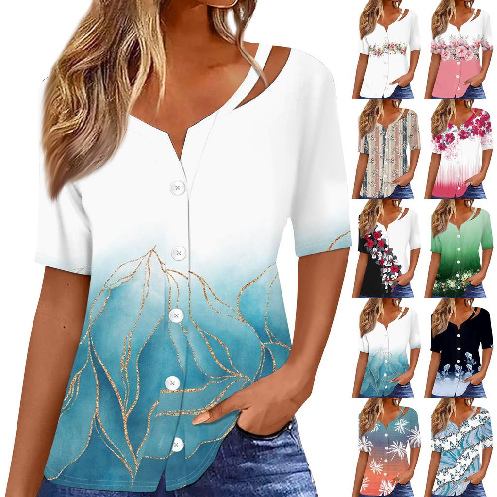 Damen T-Shirt mit Aufdruck, kurzärmelig, V-Ausschnitt, Knopfleiste, Strickjacke, T-Shirt, Top