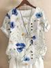 Women's 2026 Summer Retro Faux Cotton Linen Print Loose Casual Short Sleeve T-Shirt