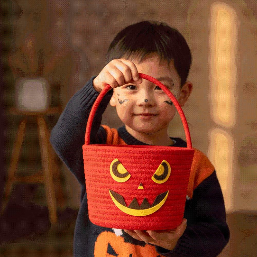Braided Pumpkin Candy Bucket Orange Trick Treat Tote Kids Gift Hamper Woven Storage Pouch Guests
