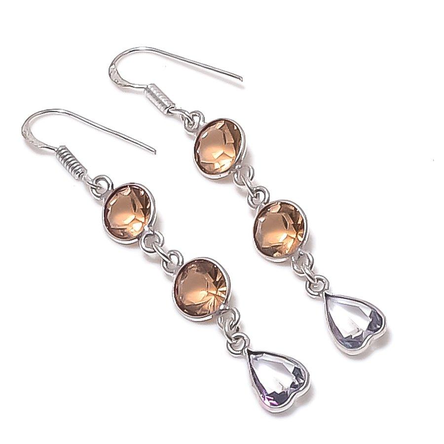 Morganite, Quartz Gemstone 925 Sterling Silver Earring 2.36"