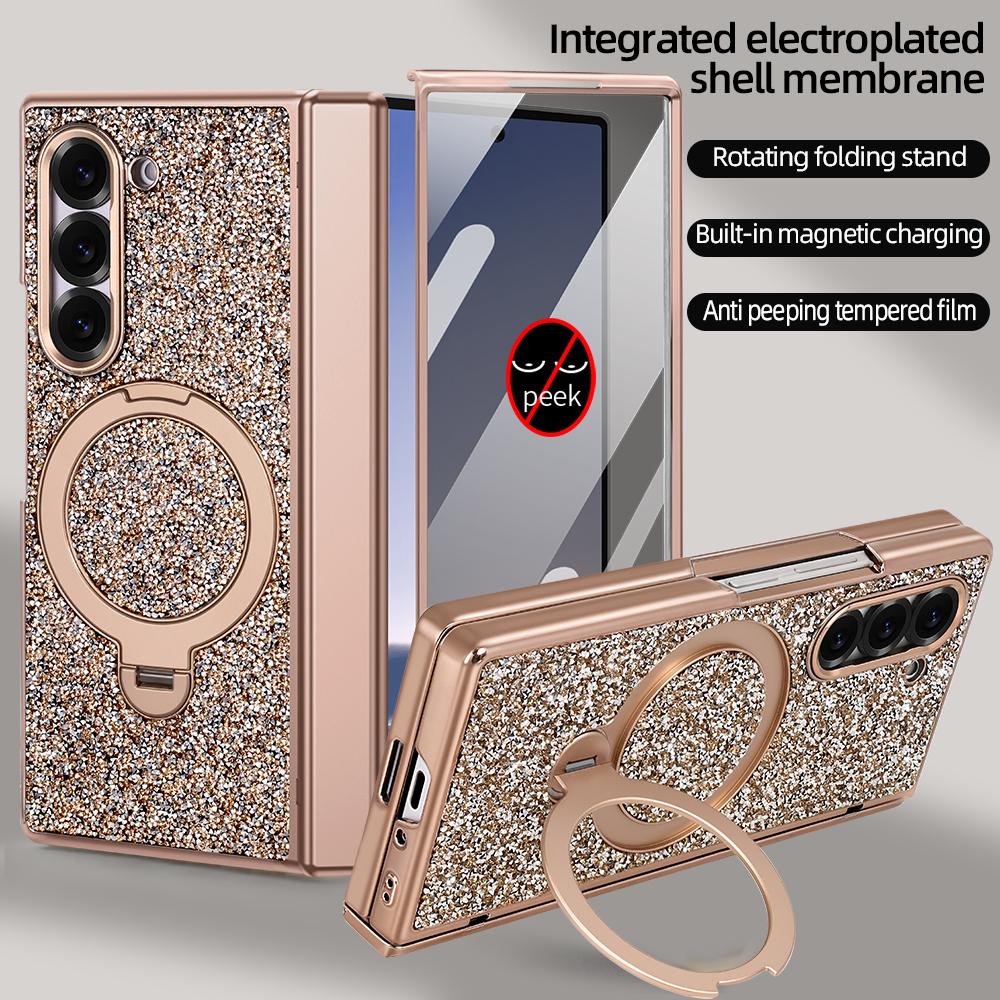 Luxury Girls Glitter Bling Faux Leather Plating Phone Case For Galaxy Z Fold 7/6 With Rotatable Holder, Anti-peeping Glass Film