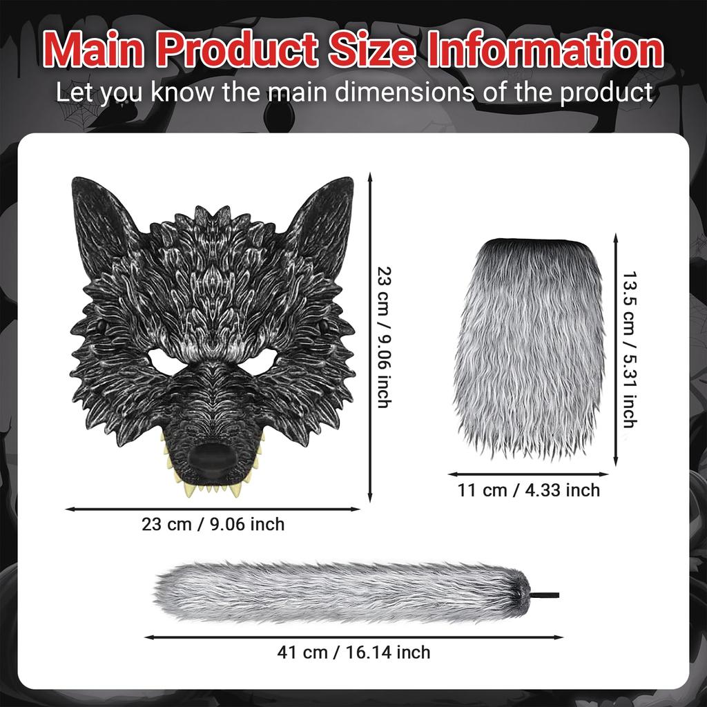 Maschera da Lupo Mannaro Maschera da Lupo con Coda Guanti Halloween Cosplay Animale Lupo Cattivo Lupo Mannaro Uomo Lupo Abbigliamento Accessori