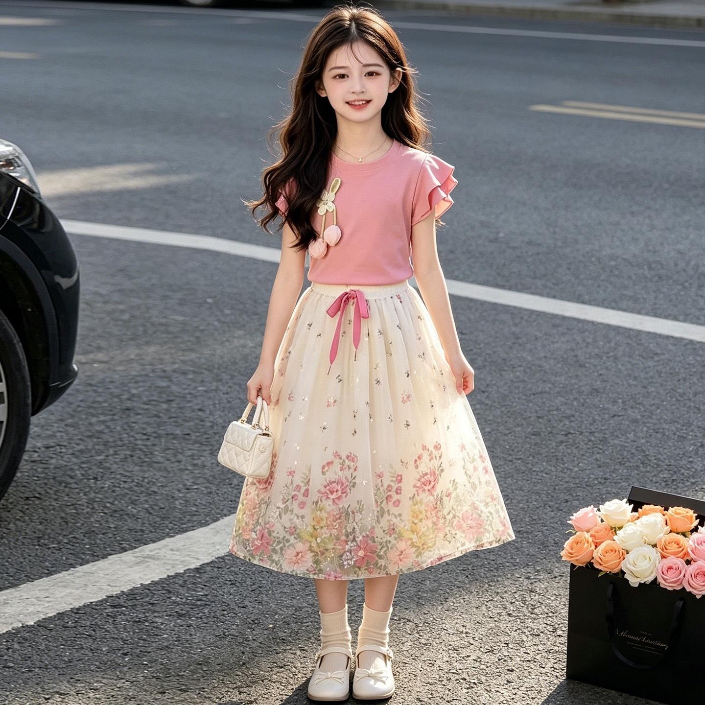 Girls Summer Tulle Skirt Set Princess Dress for Big Kids 120