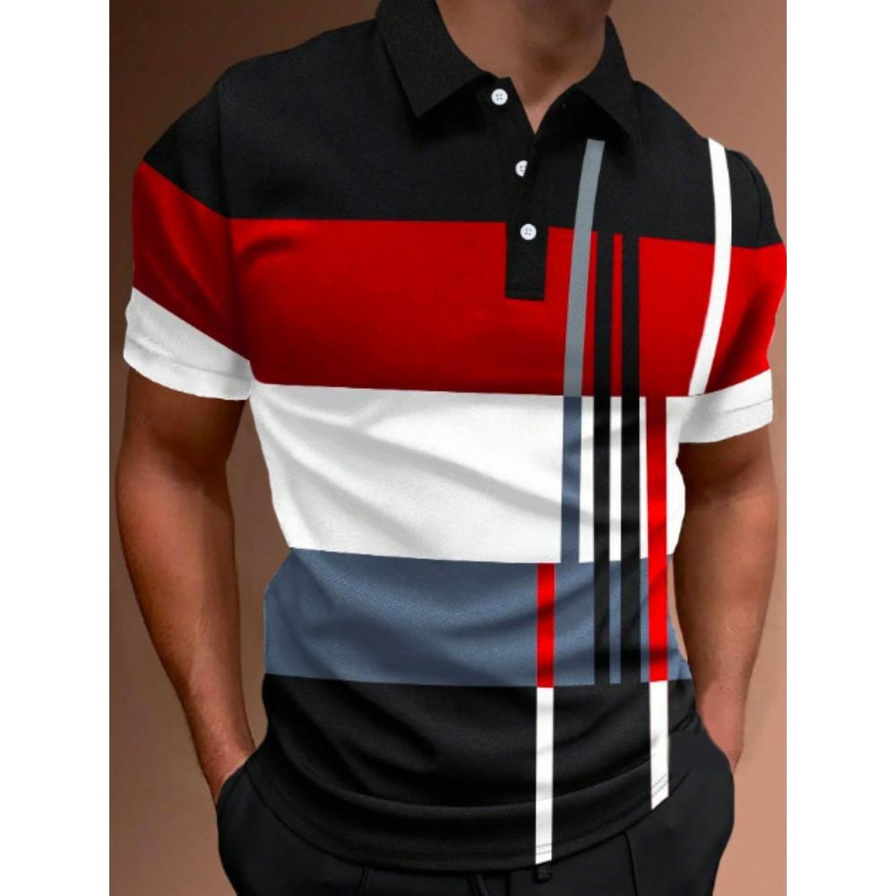 Fashionable New Men's Casual Polo Shirt Printed Striped Color Blocked T-shirt for Men