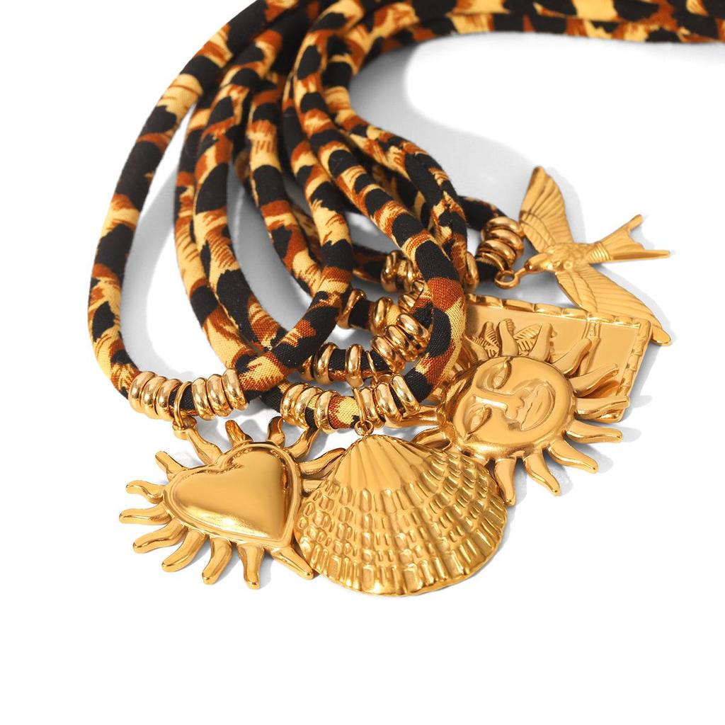Leopard Print Nylon Rope Pendant Shell Sun Necklace - Cool, Exaggerated, Stainless Steel Design Showcasing Individuality.