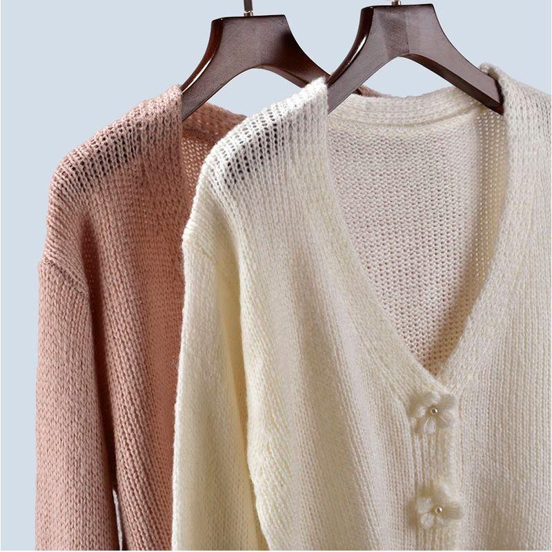Gentle Stylish Woven Flower Pearl Buckle Knitting Sweater Cardigan Coat Loose Short Long Sleeve Autumn Women