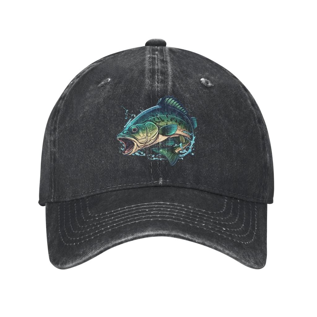 Bass Fish Fishing Cap Embroidered Graphic Denim Baseball Cap Adjustable Outdoor Sun Hat for Unisex Women