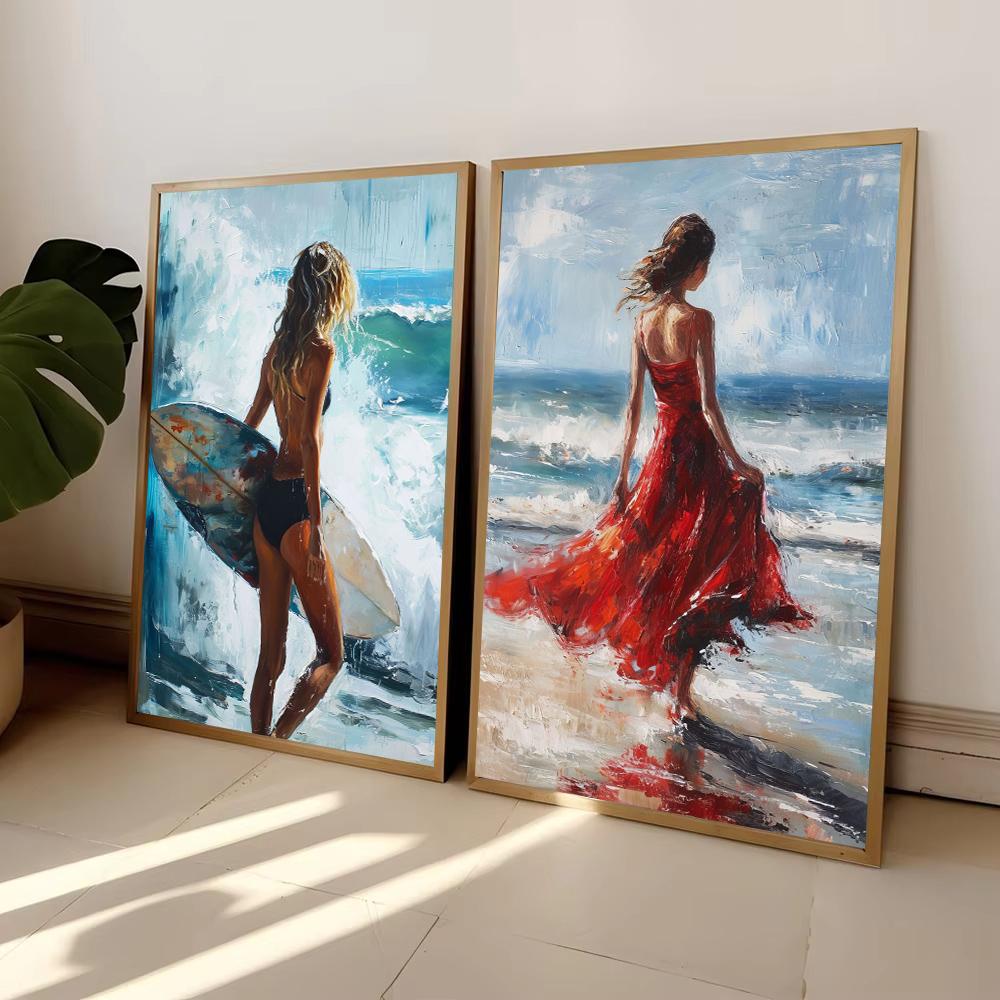 Wave Lighthouse Girl Surfing Canvas Painting Palm Tree Print Wall Art Picture Living Room Decor Sea Beach Poster Ocean Ship Boat