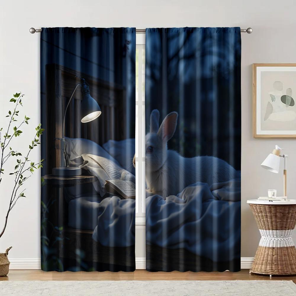 

Set Of 2 Filtering Curtains Excluding Rods Non Movable Without Batteries Cute Rabbit Night Sleep Use Bedrooms Curtain For Sleeping Area Made Polyester W100*H70(CM)-Hooks&1PCS