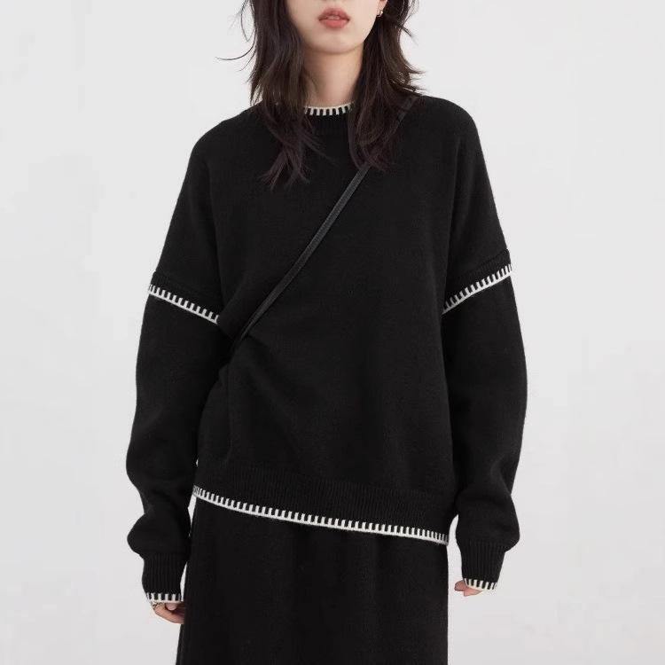 "Free To Go" Winter Lazy Round Neck Contrast Edge Sweater & Skirt Set
