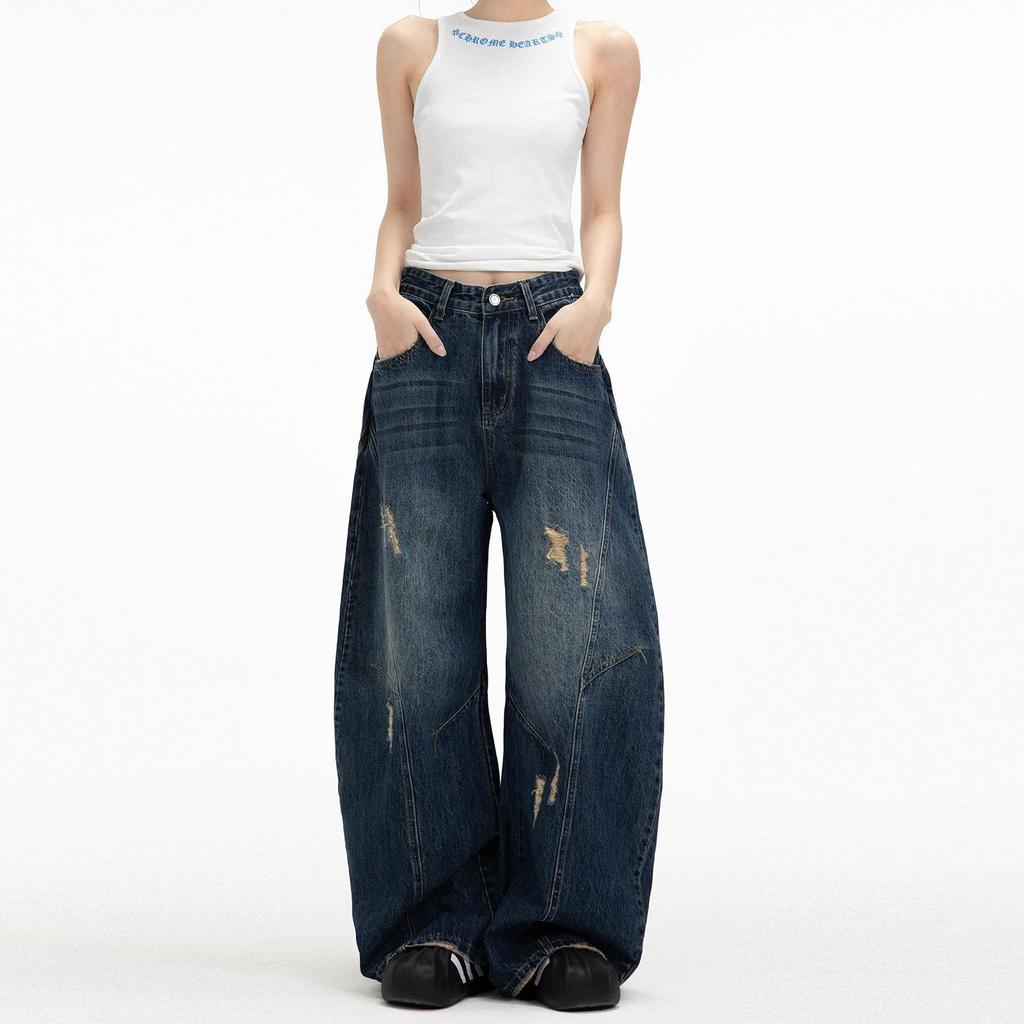 2025 American Retro Women’s Wide-Leg Ripped Jeans - Trendy Loose Mop-Style Trousers