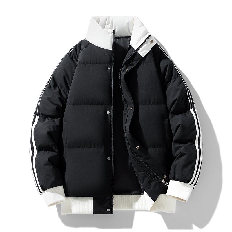 Men's Winter Color Block Stand Collar Jacket: Thick, Warm, Trendy, Versatile, and Casual Striped Outerwear for Couples