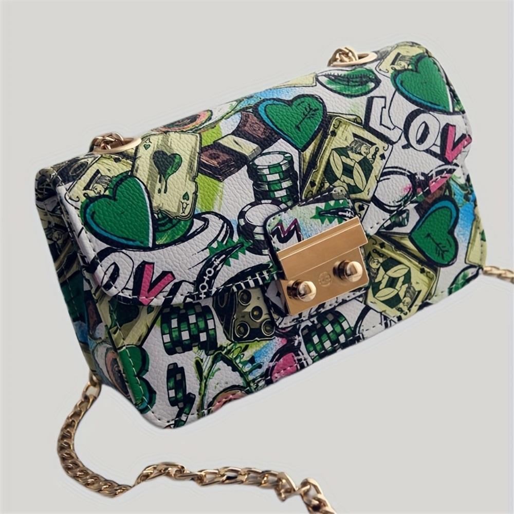 [Geometric Crossbody Bag] Vibrant Red/Black Women's Crossbody Bag - Geometric Pattern with LOVE Design, Chain Strap, Flap Closure, Crossbody Purse