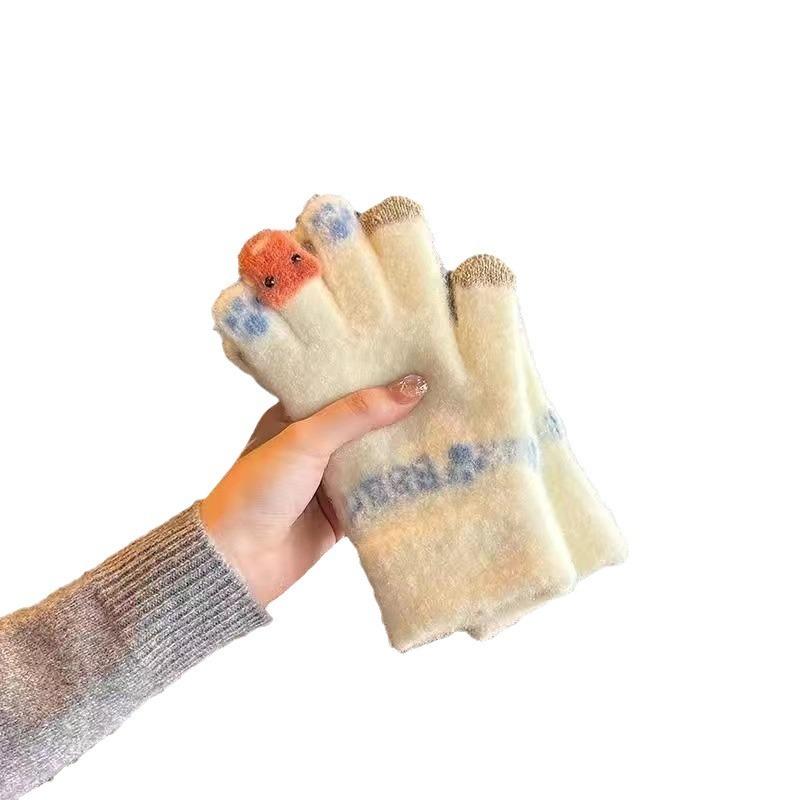 Niedliche Plüschhandschuhe für Damen, verdickt, um im Winter warm zu halten, Touchscreen-Strickwolle zum Radfahren, kältefest für Schülerinnen im Winter