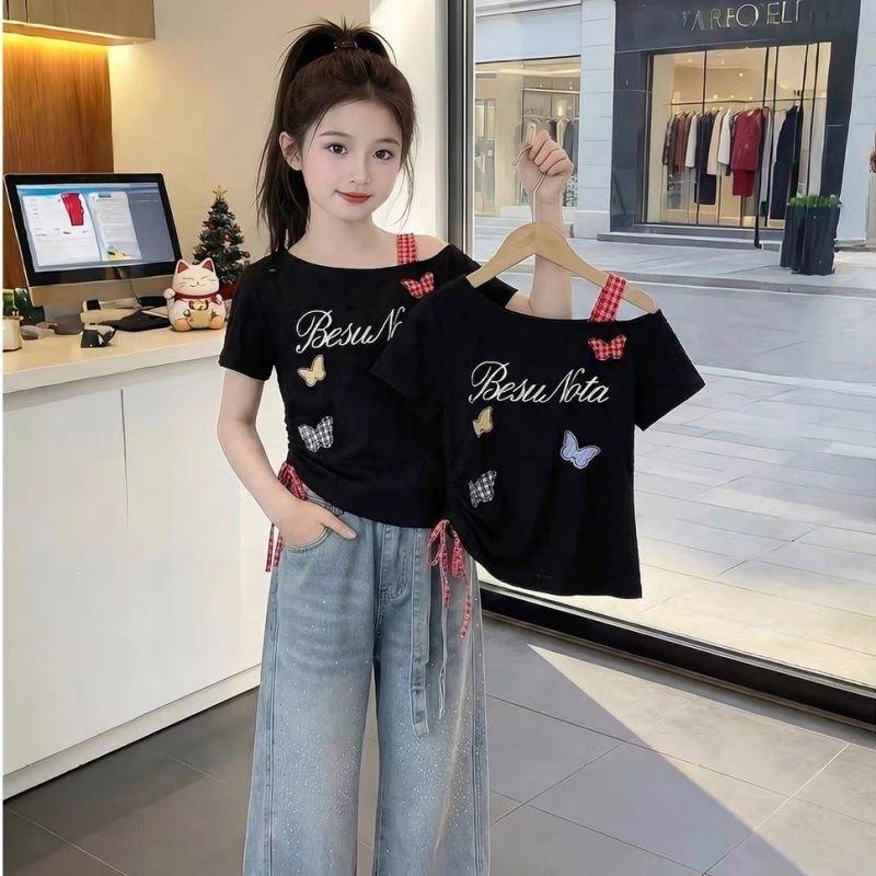 Girls Summer Butterfly Print Off Shoulder Short Sleeve Top Sweet Cool Fitted T Shirt