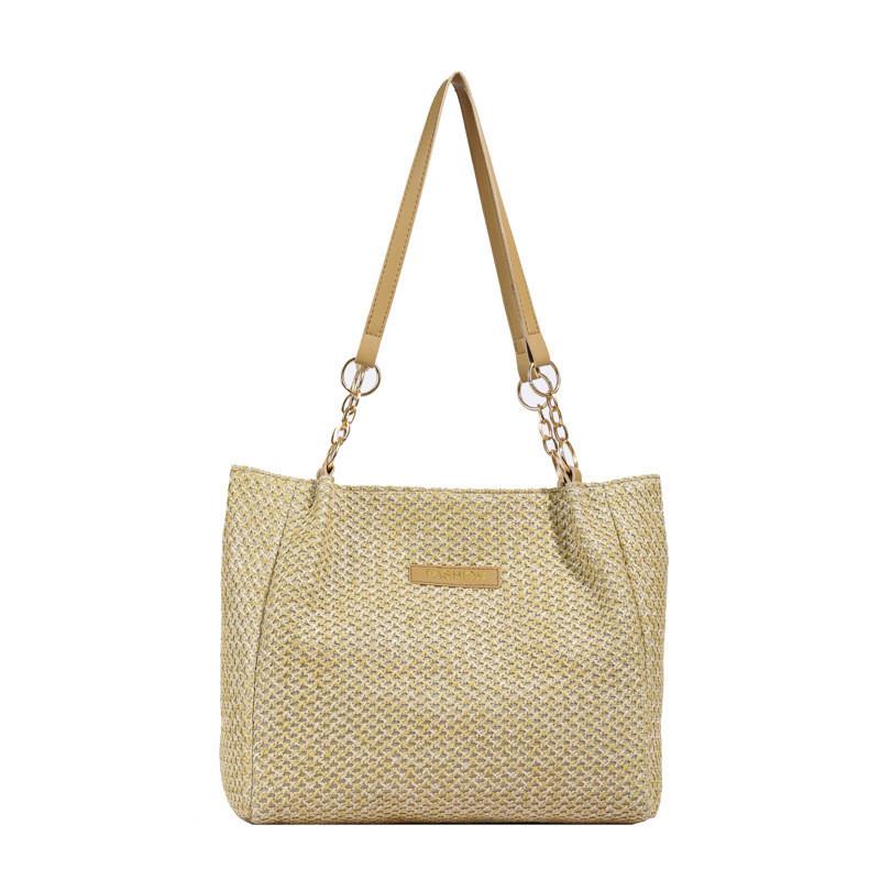 Trendy Korean Simple Design Woven Tote Bag Fashionable Beige And Khaki Options