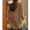 Johnature Woman Autumn Vintage Check Urn Down Collar Shirt Matching Single Breasted Long Sleeves Shirt