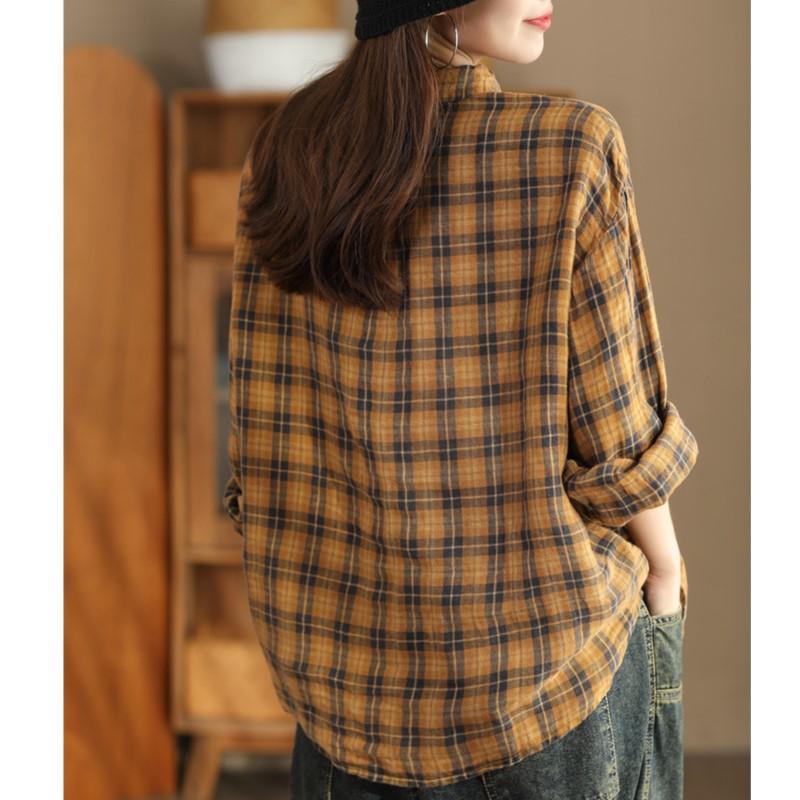 Johnature Woman Autumn Vintage Check Urn Down Collar Shirt Matching Single Breasted Long Sleeves Shirt