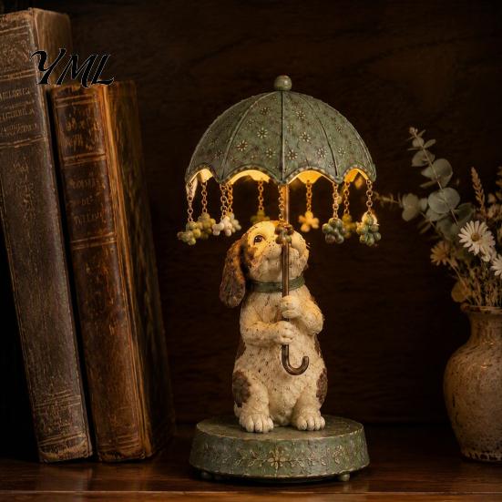 Cute Animal Sculpture Lamp Rotating Umbrella Lamp, Resin Holding Vintage Sculpture, Shape Bedside Light Tabletop Cat Dog Goose Figurine for