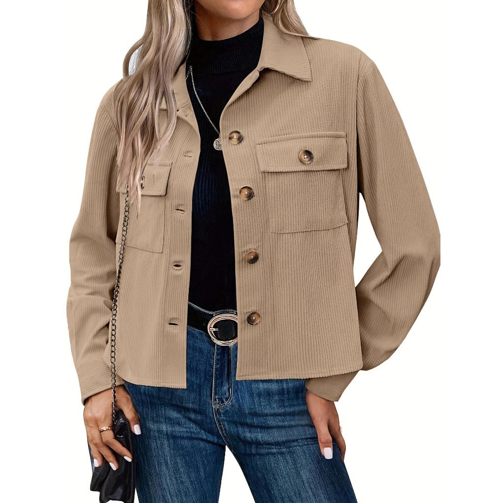 Women s Corduroy Button-Up Jacket Casual Long Sleeve Shacket with Pockets S абрикосовый