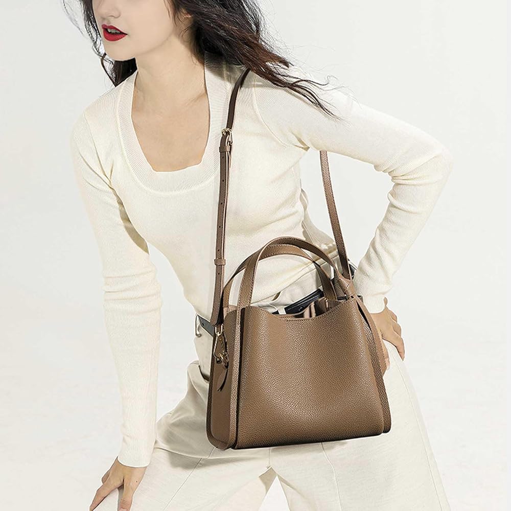 Kyoei-Tech Women's Luxury Genuine Leather Shoulder Bag with Silk Scarf Lightweight Stylish Brown Handbag