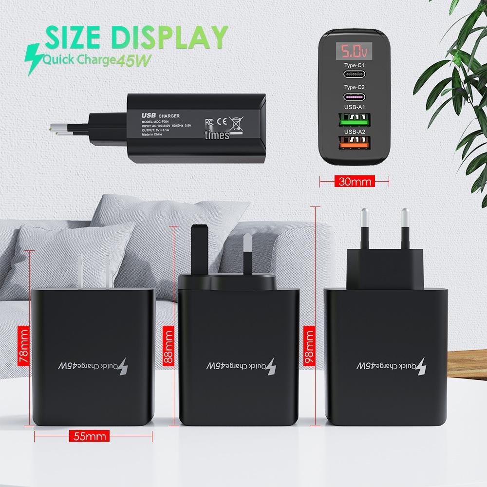45W Multi-Port Phone Charger with Digital Display, 2A+2C, 3.1A, EU/UK Plug