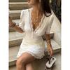 European Summer New French Temperament Elegant Simple Lace V-neck Short-sleeved Dress