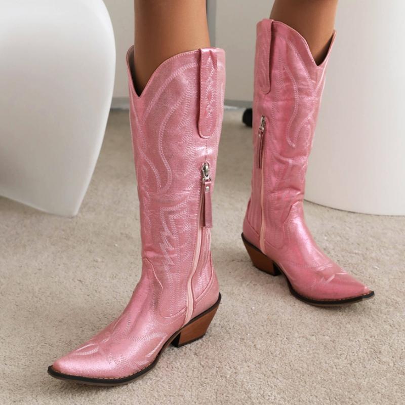 Fashion Knee High Boots Women Winter Western Cowboy Cowgirls Boot Female Black Silver Low Heels Riding Shoes Ladies Comfortable