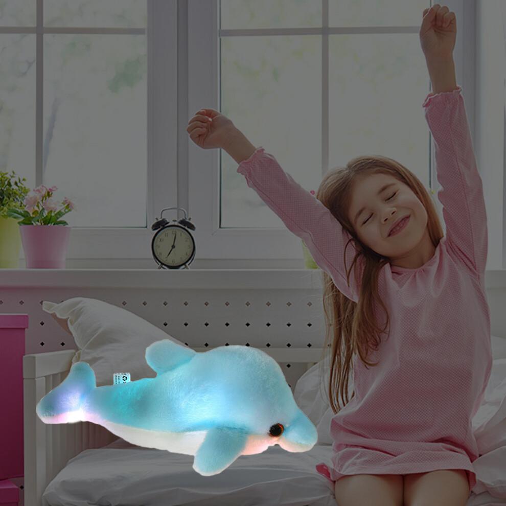 Light Up Stuffed Animal Dolphin Plush, Colorful Glowing Dolphin Soft LED Toy with Night Light Companion Adjustable Timer Function for Kids and