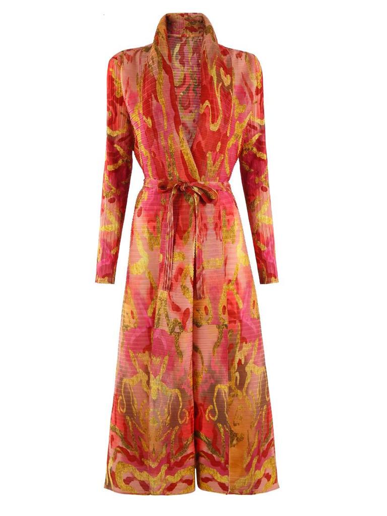 Pleated Printed Long Trench Coat for Women - 2025 Spring Lapel Loose Fit Plus Size Long Sleeve Robe