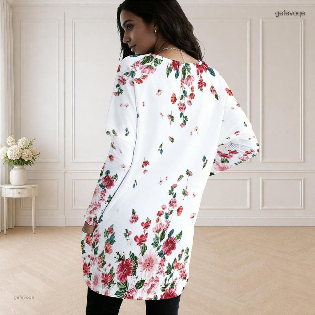 Women Plus Size Round Neck Long Sleeve White Blue Butterfly Print Loose Longline Top With Pockets