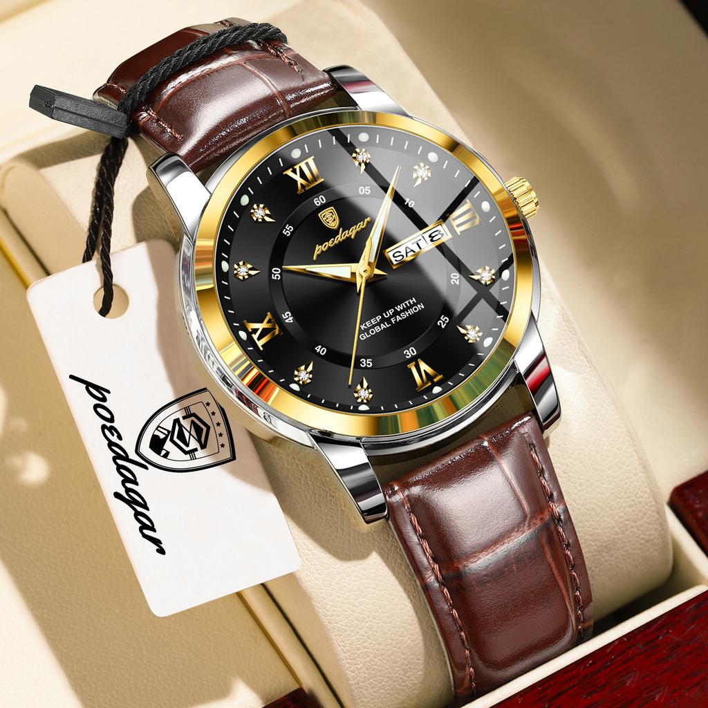POEDAGAR Top Trendy Original Male Watches Waterproof Luminous Leather Fashion Man Watch Date Week Men's Quartz Wristwatch Reloj