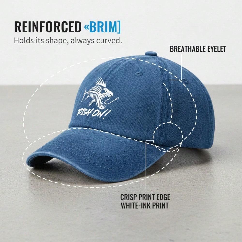 [Fishing Baseball Cap] Vintage Washed Unisex "FISH ON!" Print Polyester Adjustable Curved Brim Outdoor Sports Hat For Camping Beach Daily Wear - Dad