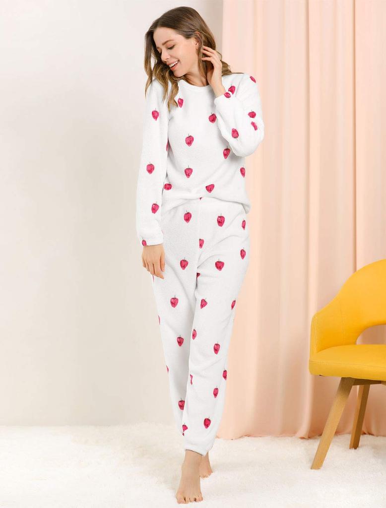 Allegra K Women's Fluffy Flannel Pajamas, Winter Loungewear, Long Sleeve Top and Bottom Set, Strawberry Print, White, Size 2XL
