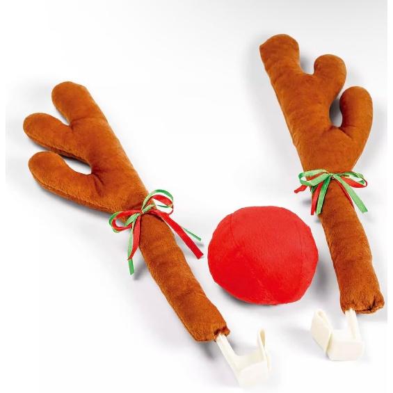 KOSIMI Car Christmas Reindeer Antler Decorations, Vehicle Christmas Car Decor Kit with Jingle Bells Rudolph Reindeer and Red Nose, Set (Brown)