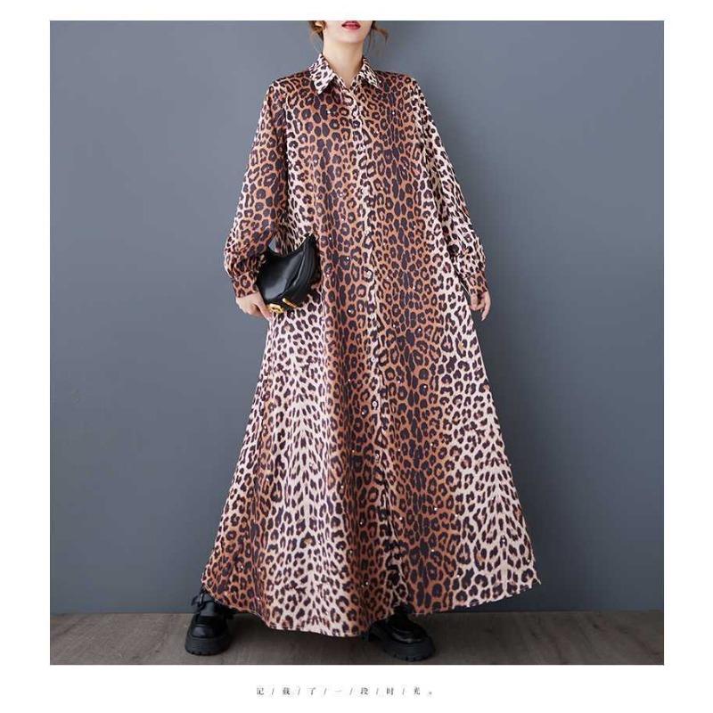 Loose Literary Big Size Fashion Leopard Print Mid-length Temperament Casual Dresses