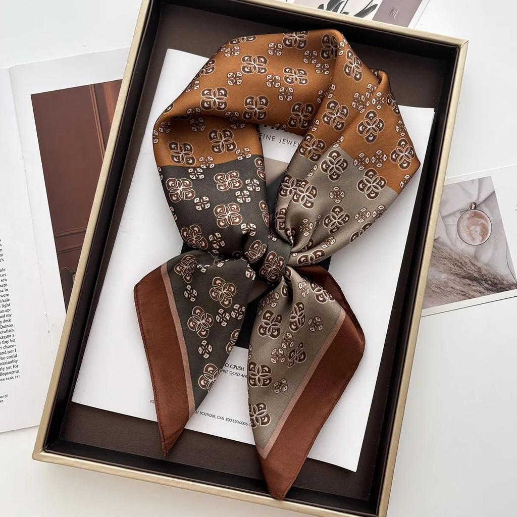 Floral Print Shawl Square Scarf for Women Soft Satin Neckerchief Female Hair Bands Ribbon Headband Bandana 70X70CM