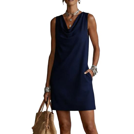 

Жіноча літня сукня без рукавів з драпіруванням на шиї, міні-сукня-майка, повсякденна сукня для подорожей та відпустки з кишенями S темно-синього кольору