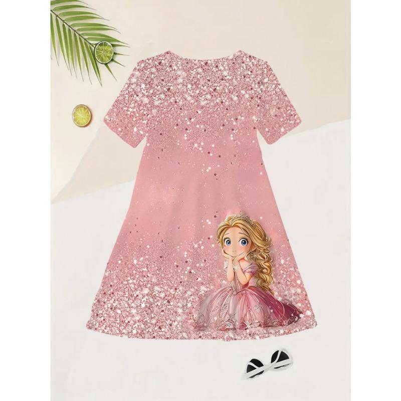 New Summer Girls' Short Sleeve Dress, Children's Cat Pattern Short Sleeve Clothing, Cartoon Flower Kitten Dress, Christmas Gift for Girls