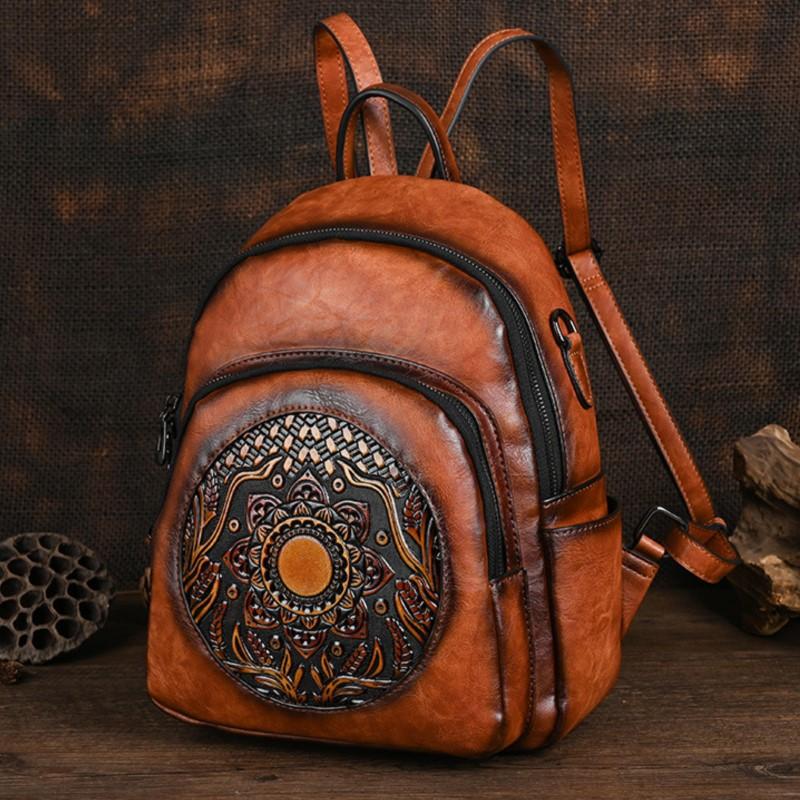 Johnature Zaino da donna vintage fatto a mano con totem in rilievo, grande capacità, borse da viaggio per il tempo libero