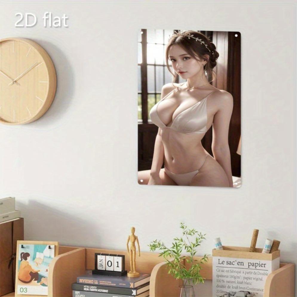 Vintage Metal Wall Art Poster - Beige Women's Lingerie Design - Heavy Duty Iron Plate for Home Bar Cafe Office - Easy Hanging Ch