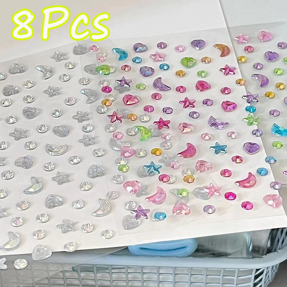 8Pcs 3D Rhinestone Star Moon Heart Glitter Stickers Cute Diary Decor Stickers, Aesthetic Kawaii Stationery Holiday Gift Novelty Stationery Teacher
