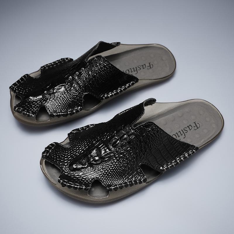 Crocodile Pattern Men's Summer Flats Breathable Sandals Male Leather Slippers Comfortable Slip-on Half Shoes Cool Casual Slides