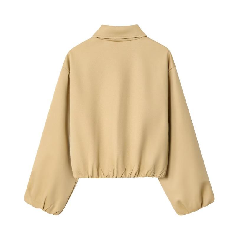 Womens Street Fashion Short Jacket Solid Color Flared Hem Zip Front Casual Outerwear